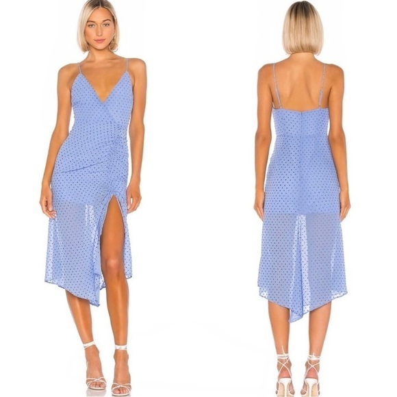 NWT NBD Swissdot Ruched Side Andre Ruched Midi Dress in Blue - Picture 1 of 9